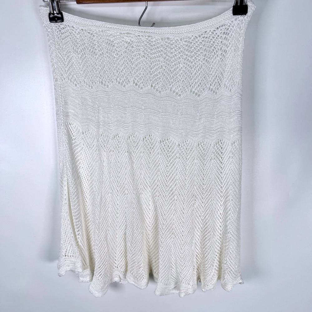 White Crochet Knit Pointelle Midi Skirt Boho Scalloped Hem Flared White Coverup - Picture 4 of 5
